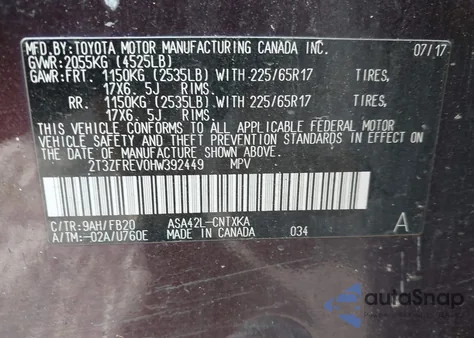 2017 Toyota Rav4 Le from USA, damaged, VIN 2T3ZFREV0HW392449